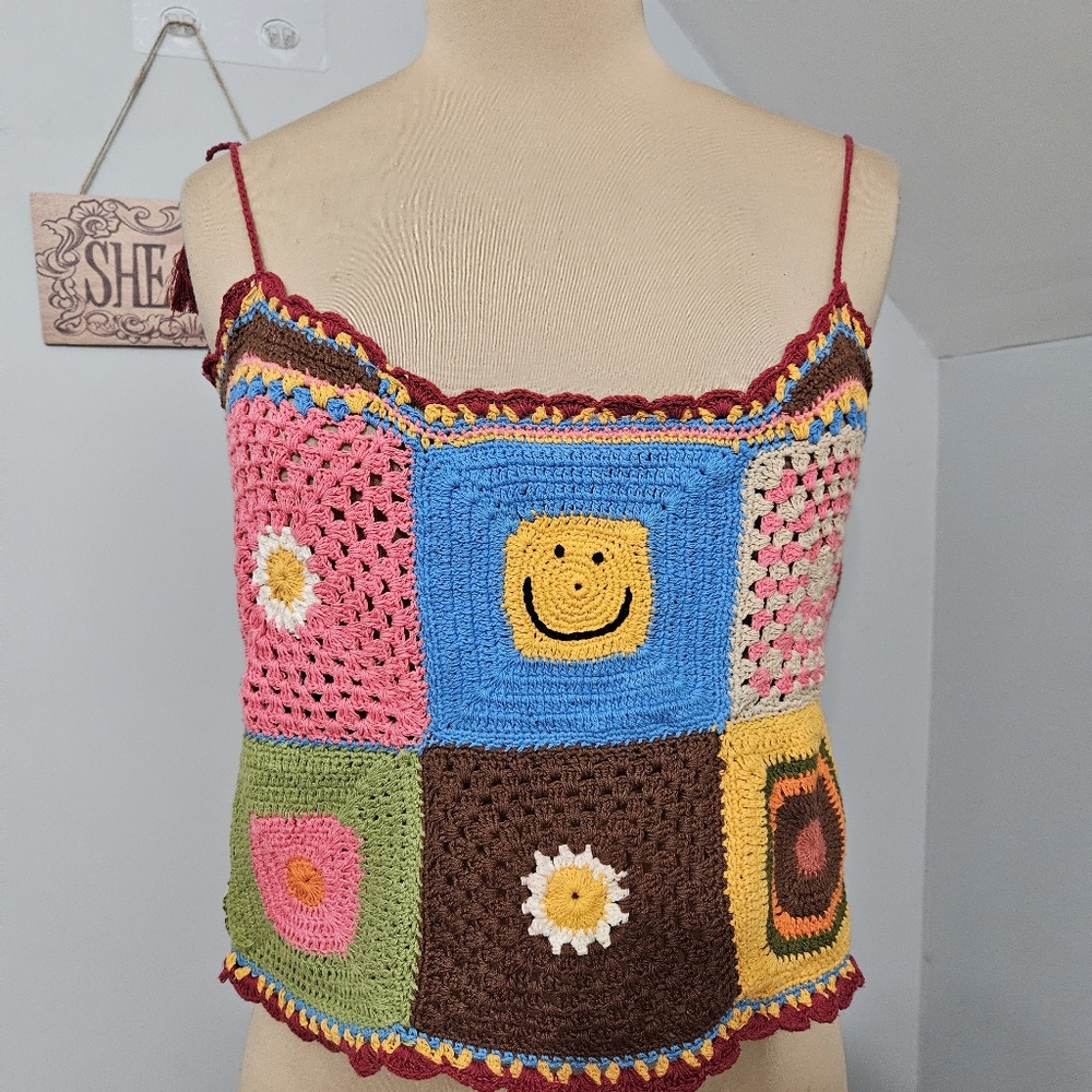 Earthbound Crochet Tank Top Large Multicolor Boho Hippie Festival Y2K Retro